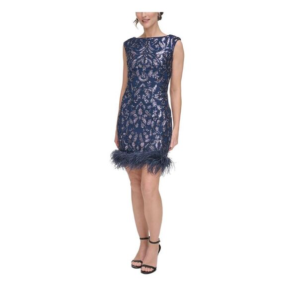 ELIZA J Dresses & Skirts - ELIZA J Womens Navy Feathered Trim Lined V-back Sleeveless Short Dress 4